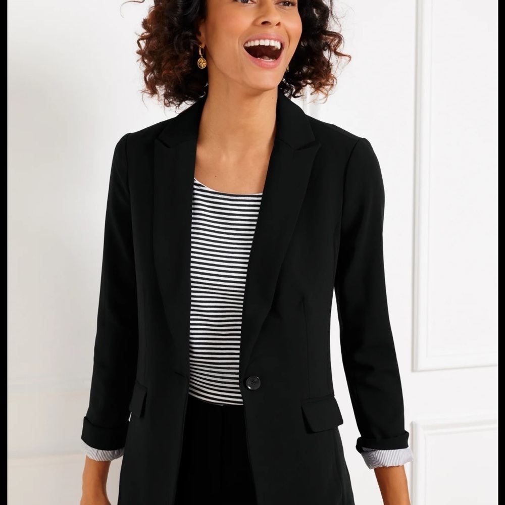 Talbots Classic Black Blazer Wool 3/4 Sleeve Single Button Pockets Lined Size 8L